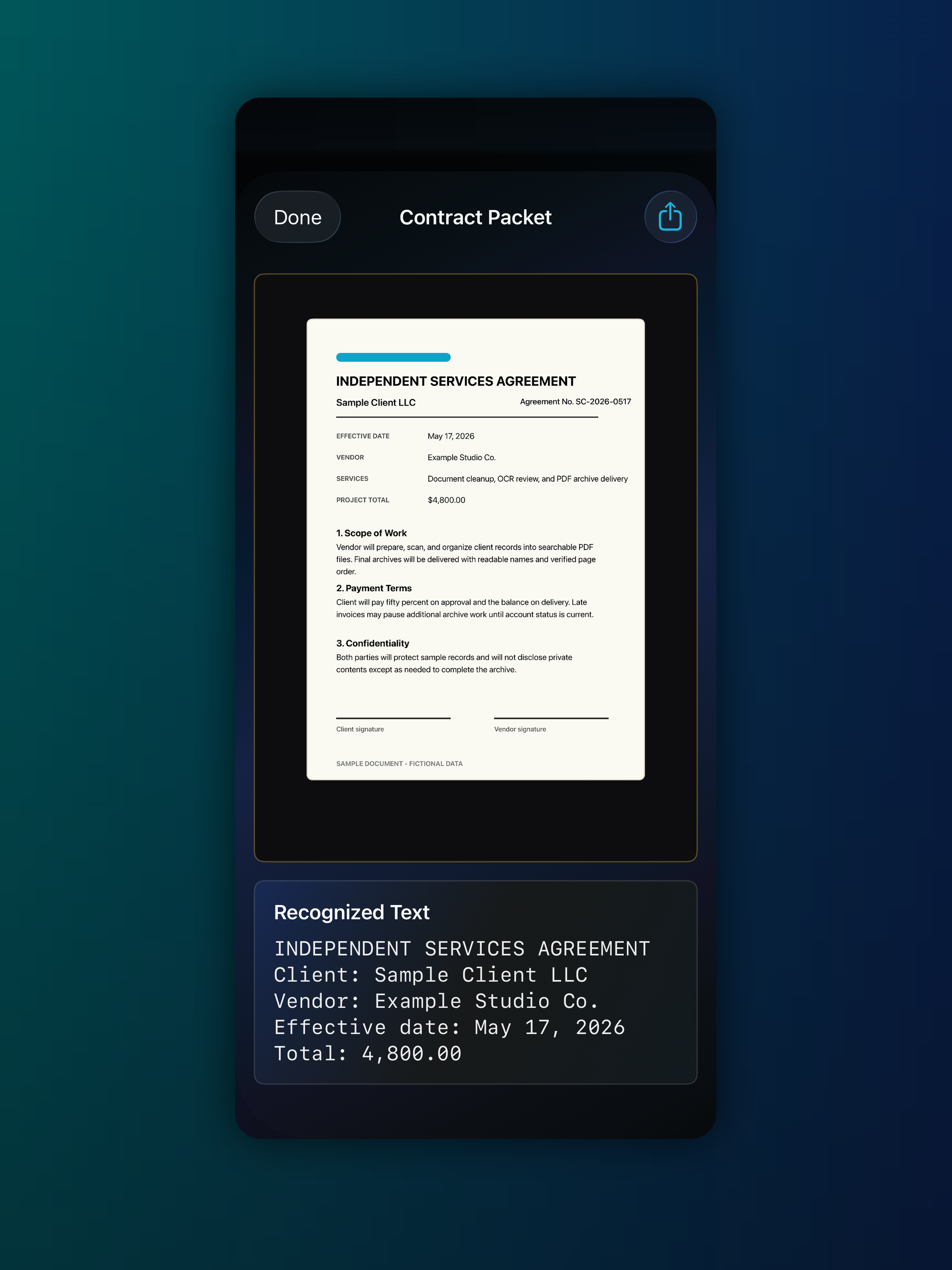 SaneScan document detail screen with recognized text and PDF export