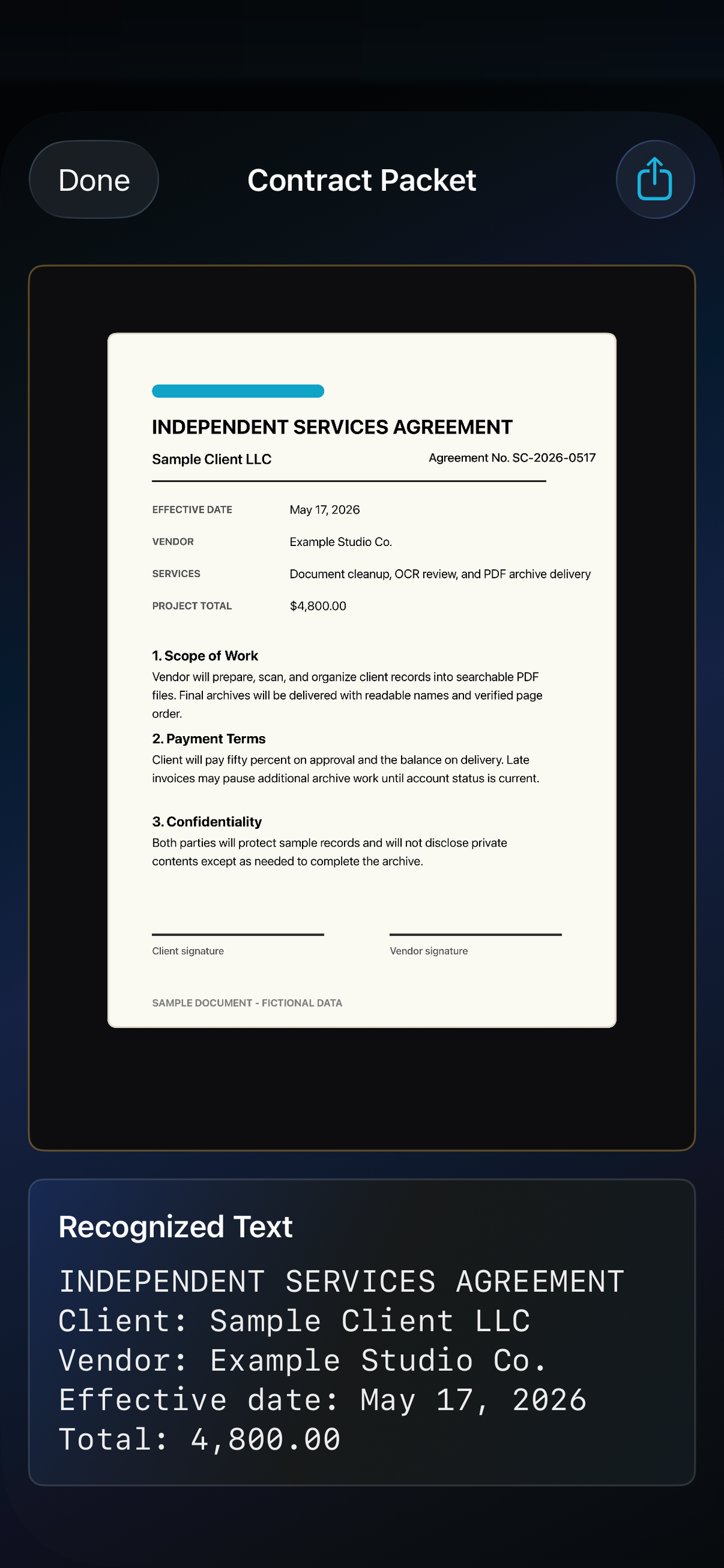 SaneScan document detail showing recognized text and PDF export