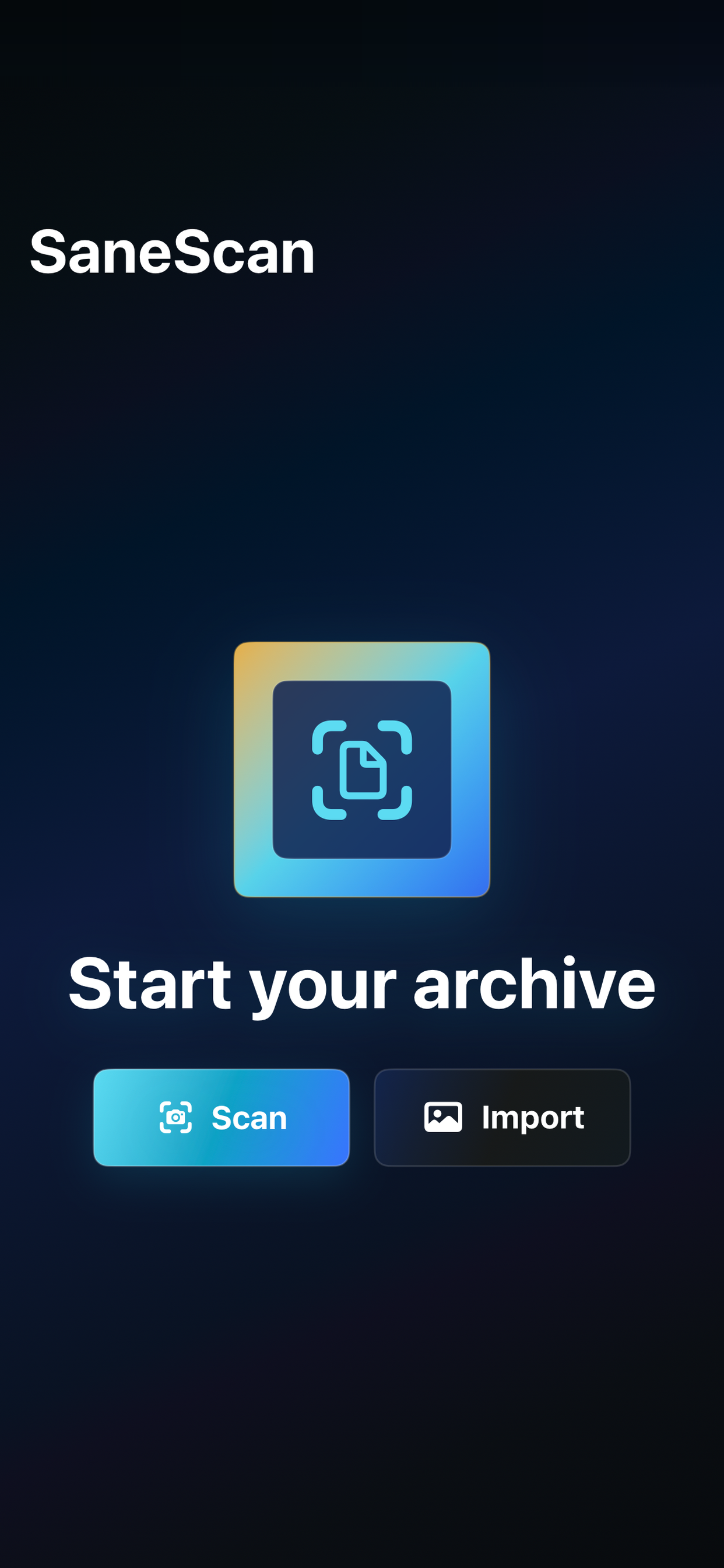 SaneScan start screen with scan and import actions